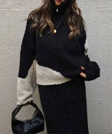 esutoreja 하프 집업 니트 블랙 화이트