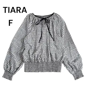 TIARA 블라우스 도트 무늬 벌룬 슬리브 화이트 x 블랙 리본