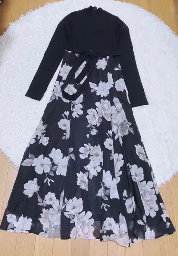 MERCURYDUO 플라워 도킹 롱 슬리브 원피스 블랙 M