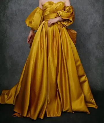 3ways 머스타드 드레스 롱 기장 탈부착 퍼프 슬리브 럭셔리 백리본