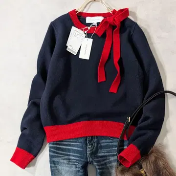 미사용 J&M DAVIDSON 바이컬러 리본 울 니트 네이비 레드