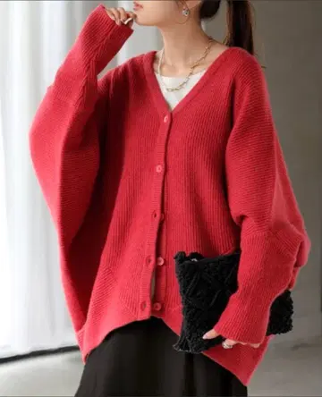 빨간색 리브 V넥 가디건 미사용 새상품