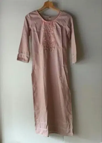 핑크 꽃 자수 쿠르타 팬츠 세트 S