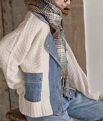 [ rps ] 데님 절개 라이더 니트 자켓