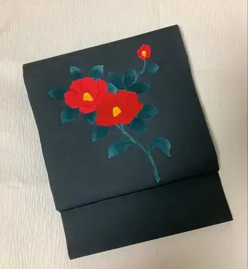 시오제지 열림 나고야 오비 동백꽃 포인트 패턴 블랙 계열 모스그린