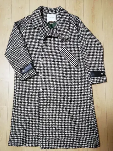 라리아무 스탠드 카라 체크 하운드투스 체크 패턴 롱 코트