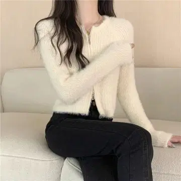 더블 지퍼 샤기 니트 가디건