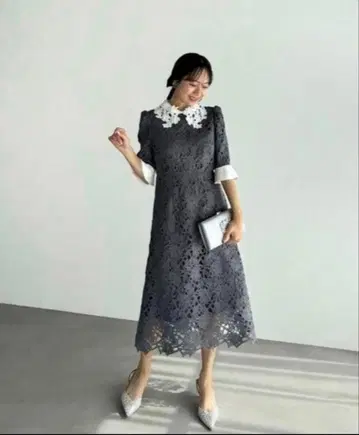 Leja 꽃무늬 레이스 칼라 스팽글 A라인 원피스 드레스