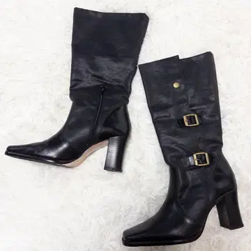 ANNA CLUBE 가죽 롱 부츠 블랙 와이드 힐 일본제 자키 부츠