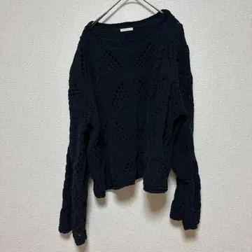 GU 니트 스웨터 시스루 편직 네이비 L 심플 멋스러운 복슬복슬한