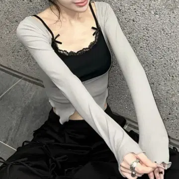 Darich 리본 레이스 레이어드 리브 상의