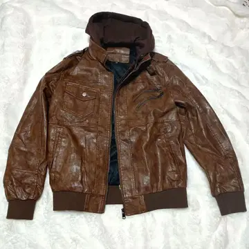 브라운 가죽 후드 부착 가죽 자켓 브라운
