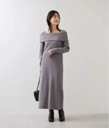 아지메 오프숄더 리브 니트 아름다운 실루엣 원피스 그레이 VIS