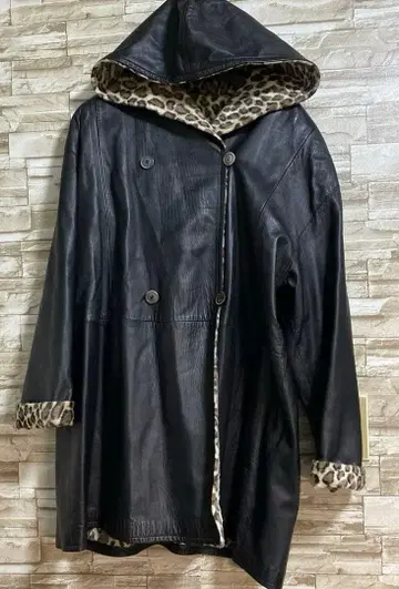 후드 부착 가죽 (양가죽) 코트 안감 레오파드 무늬 FREE size