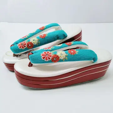 터콰이즈 국화 자수 조리 후리소데 하이힐 프리 사이즈 가쓰라 유미