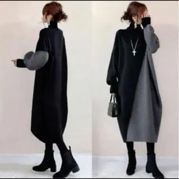 바이컬러 하이넥 니트 원피스 블랙 그레이 코쿤 고급