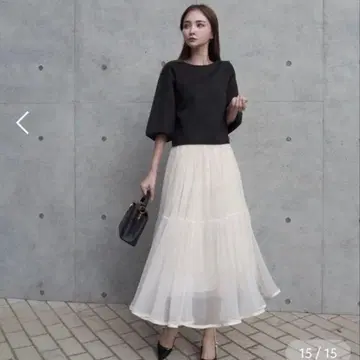 롱 스커트 플레어 레이스 허리밴딩 아이보리 쉬폰 럭셔리