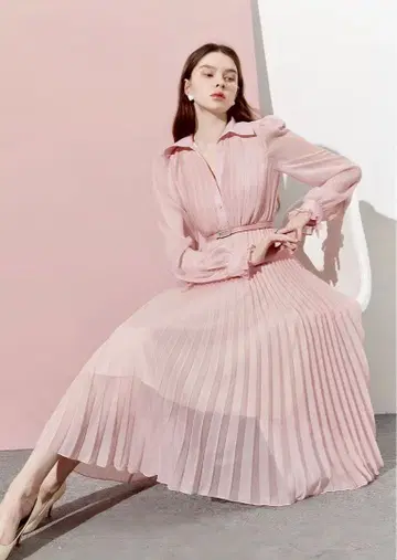 핑크 플리츠 롱 드레스 긴팔
