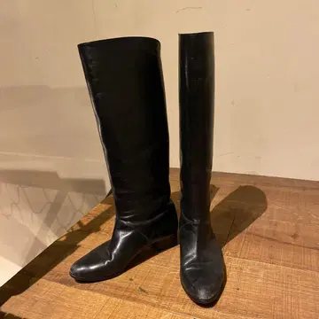 블랙 가죽 니하이 롱 부츠 24.5cm