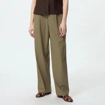 유니클로 턱 와이드 팬츠 긴 길이 올리브 L