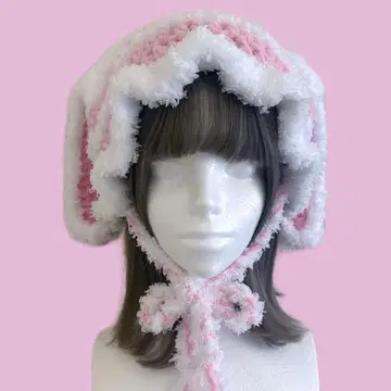 [1개만] 토끼 귀 니트 모자 화이트 핑크