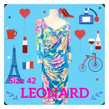 LEONARD 스트레치 실크 100% 스카이블루 꽃무늬 원피스