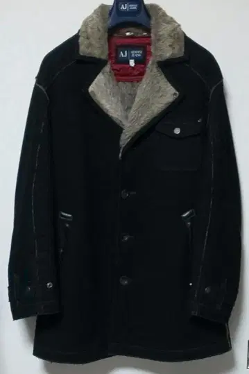 Armani Jeans 블랙 롱 코트 퍼 포함