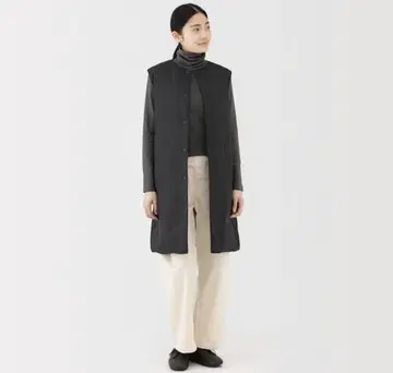 무인양품 경량 다운 노카라 롱 베스트 M 블랙