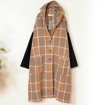 새상품 택 포함 M 모카 계열 체크 무늬 후드 코트 여성용 기모 아우터
