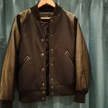 바시티 자켓 블랙 울 합성 피혁