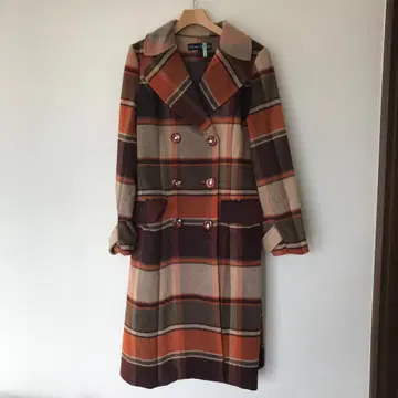 미사용 체크 무늬 롱 코트 여성용 L 11호 레트로 벨트 포함