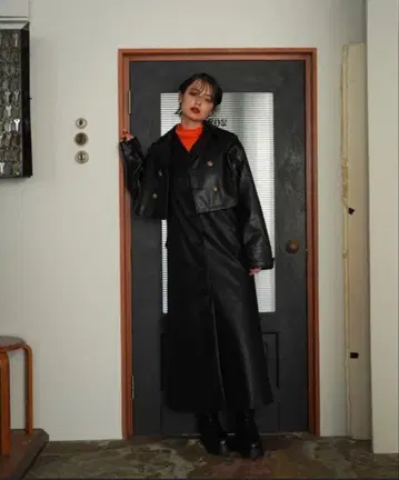 블랙 가죽 더블 브레스트 자켓 드레스