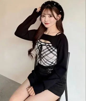 NOMAE 노마에 체크 리본 숏 레이어드 니트