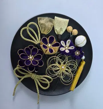 성인식 졸업식 츠마미자이쿠 미즈히키 일본 의류 머리 장식 세트 보라색 금