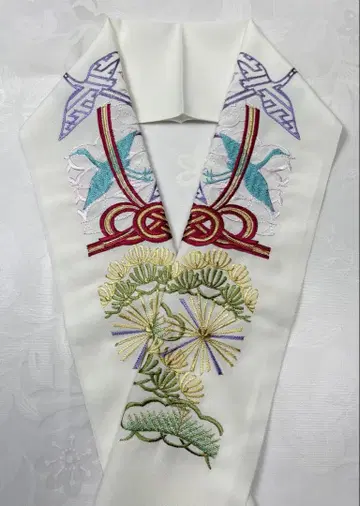 미사용 t-020 장식용 깃 자수 후리소데 성인식 학 소나무 미즈히키