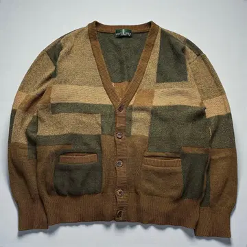 AUSTIN REED 니트 가디건 패치워크 울 카멜 혼방