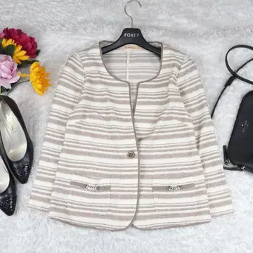 G223*핑크 무슈 보터 패턴 노카라 자켓 베이지 M