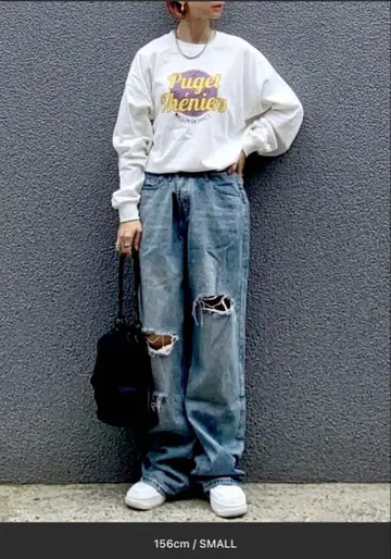 데미지 가공 와이드 레그 데님 팬츠