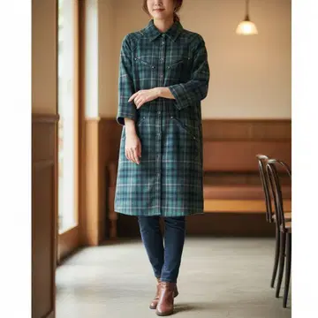 아우라 아이라 플란넬 셔츠 스터드 롱 기장 체크 여성용 면 그린