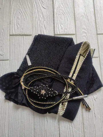 오비 장식 천, 허리띠, 겹 카라 블랙/금색 후리소데 오샤레 기모노