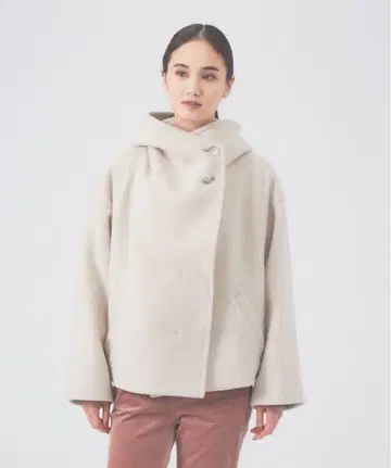 Qualite 베이지 후드 부착 울 코트 38