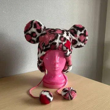 디즈니 팬캡 레오파드 무늬 미키 미니 하트 핑크