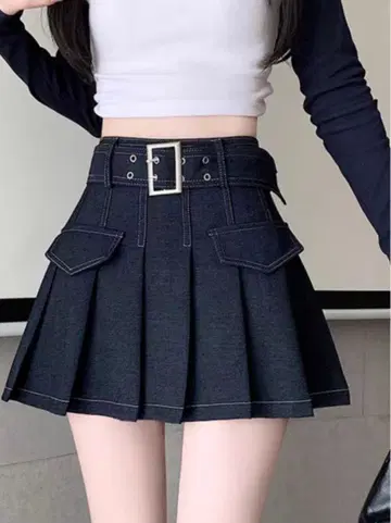 인팬 안감 벨트 포함 플리츠 데님 스커트[at2372