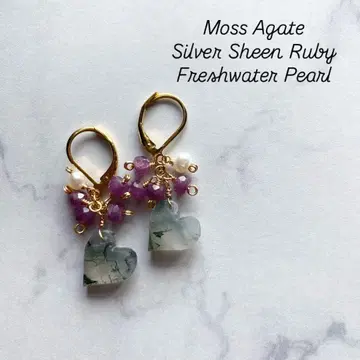 모스 마노 x 실버 씬 루비 x 담수 펄 귀걸이