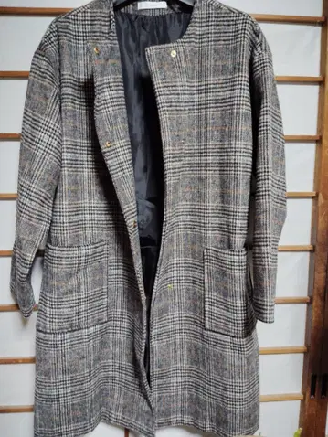 체크 무늬 울 혼방 롱 코트