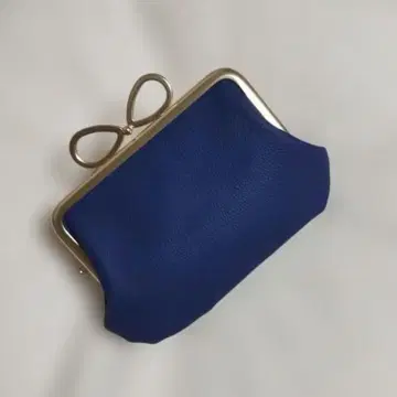 모자 가마구치 지갑 (12cm) 블루 가죽 리본 장식 소프트 골드
