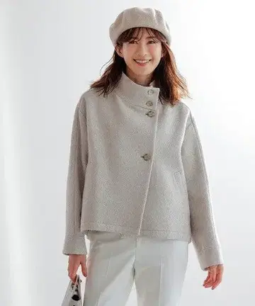 인디비 루프 트위드 스탠드 카라 코트 그레이