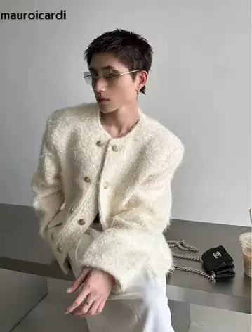 한국 스타일 남성용 울 모노톤 디자인 트위드 자켓 alude