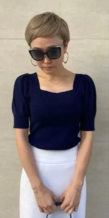 JENNE 스퀘어넥 퍼프 슬리브 니트 S 네이비