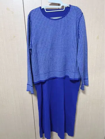 CARRIERE 니트 원피스 파랑 하운드투스 체크 패턴